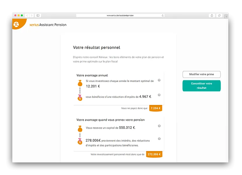 Exemple d'un calcul dans L'Assitant de pension de xerius